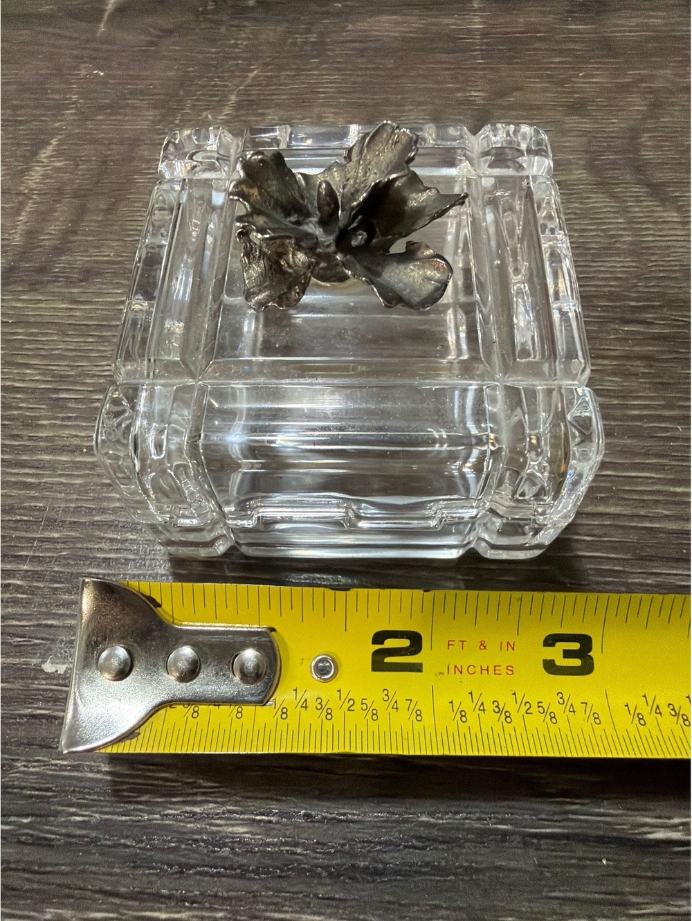 Vintage Floral Square Glass Trinket Box With Lid 3” x 1.5”